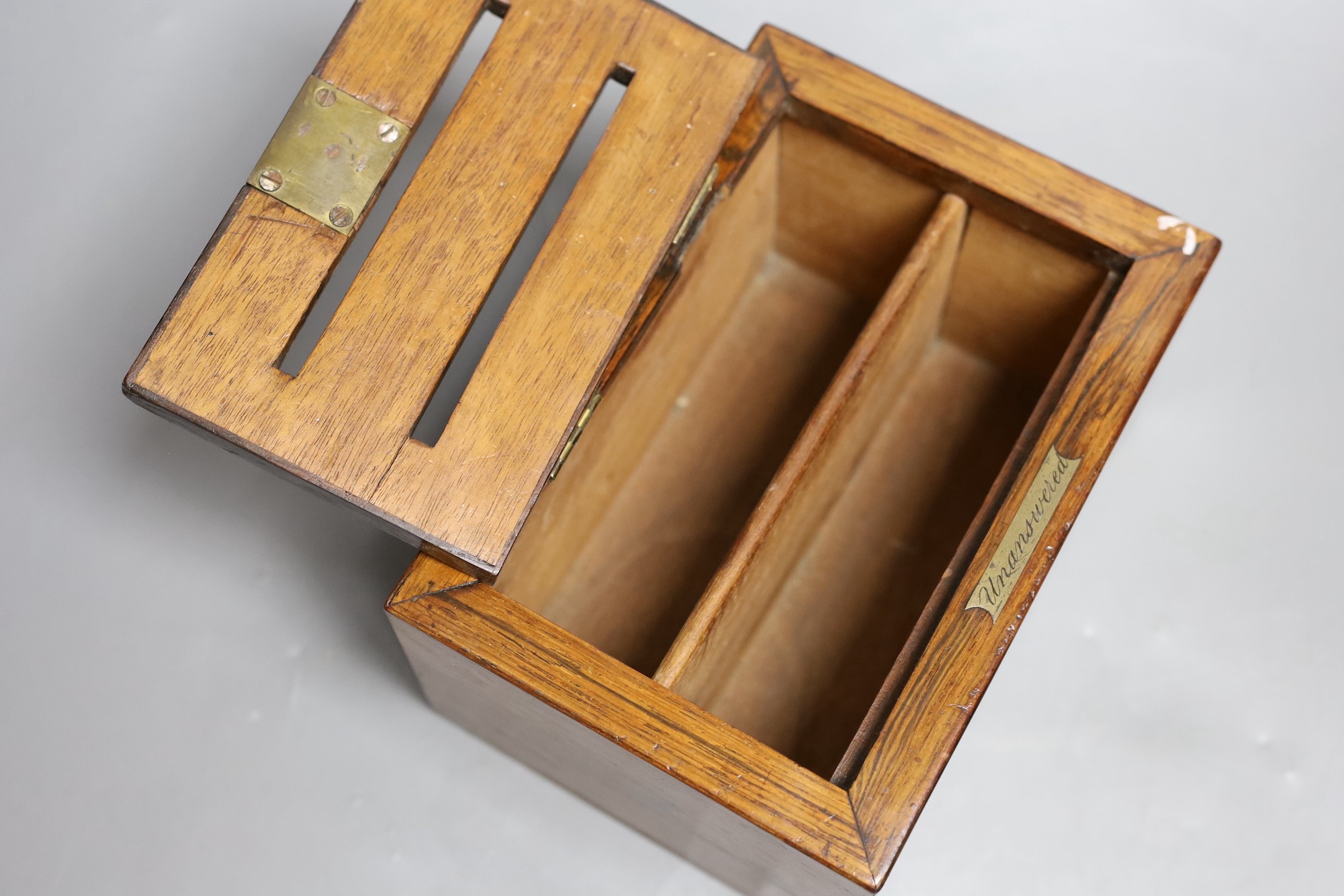 A Victorian rosewood letter box. 19.5cm wide